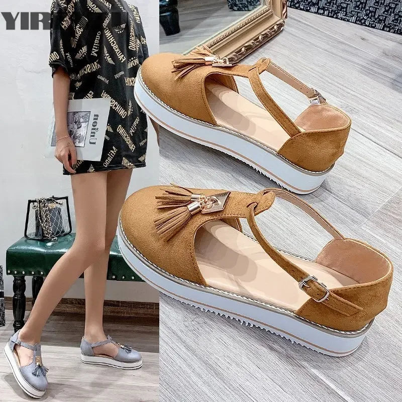 Women's Sandals Summer 2025 Casual Flat Platform Heel Tassel Buckle Strap Female Sandals Platform Vulcanized Shoes for Women New