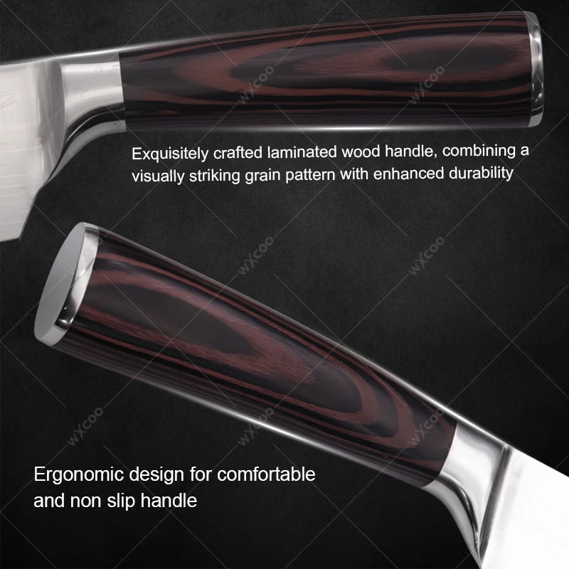 WXCOO Professional Kitchen Chef Knife Damascus Steel Laser Pattern Santoku Knife Double Side Magnetic Kitchen Knife Block