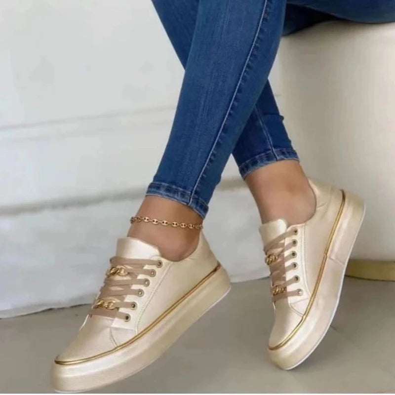 Damen Sneakers Runde Zehen Schnürung Flach Stilvoll Leder Casual Schuh Komfortabel Frauen Vulkanisierte Schuhe Leichte Tenis De Mujer
