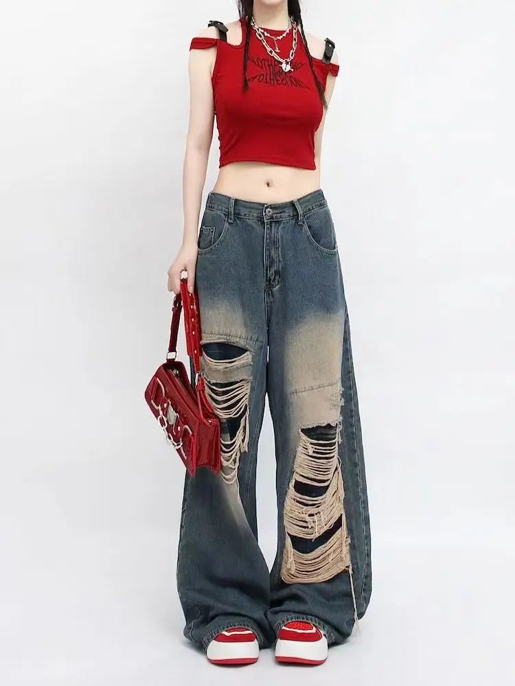 Jeans Women Hot Girls High Waist Chic Straight Trousers Simple Ripped American Street Loose Fall Fashion Leisure Newly All-match
