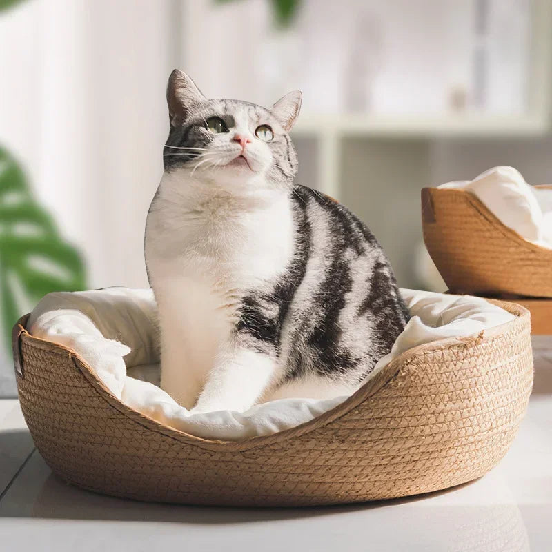 Haustier Bett 2025 - Weiche Katze Zwinger Hunde Betten Sofa - Bambus Weben Vier Jahreszeiten Gemütlich Nest Körbe Wasserdicht Kissen