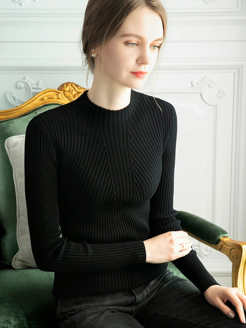 Pulover Livia cu guler înalt slim, cu nervuri - S-XL, mânecă lungă