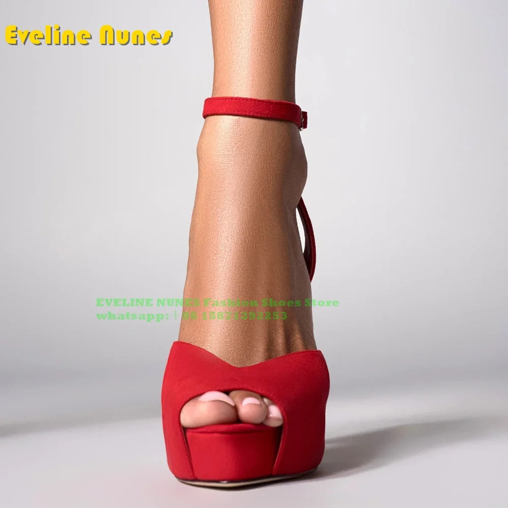 Peep Toe Platform Buckle Strap Red Sandals Pointed Toe Thin Heel Slingback elegant Women Runway Show Shoes Spicy Girl Party Trend
