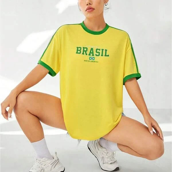 ZSSKASLCN Damen T Shirt Brasil Print - Grün Gelb Slim