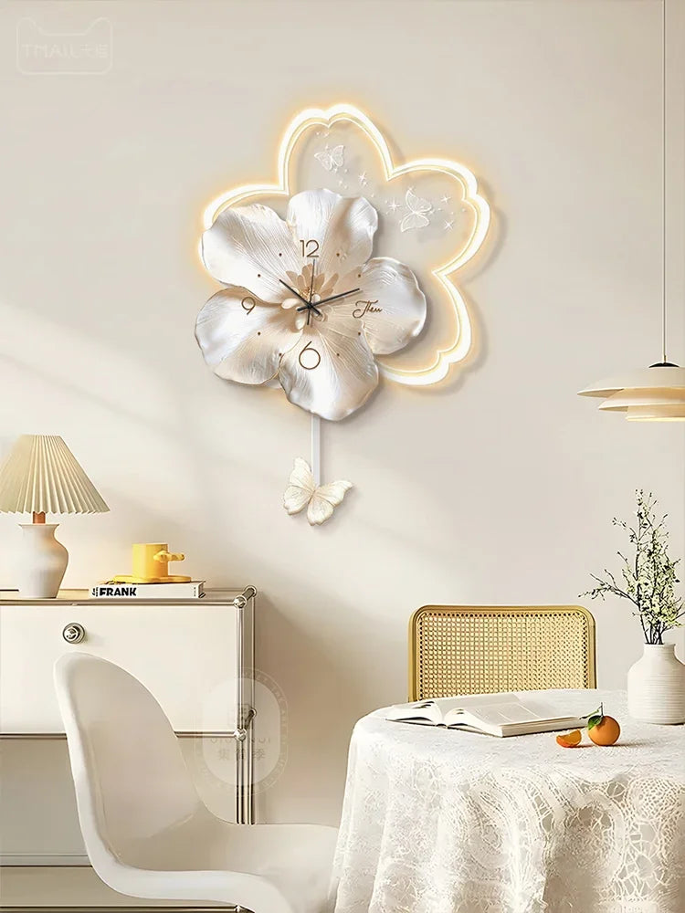 Cream Style Living Room Decoration with LED Light Wall Clock New Home Decor Creative Swinging Clock