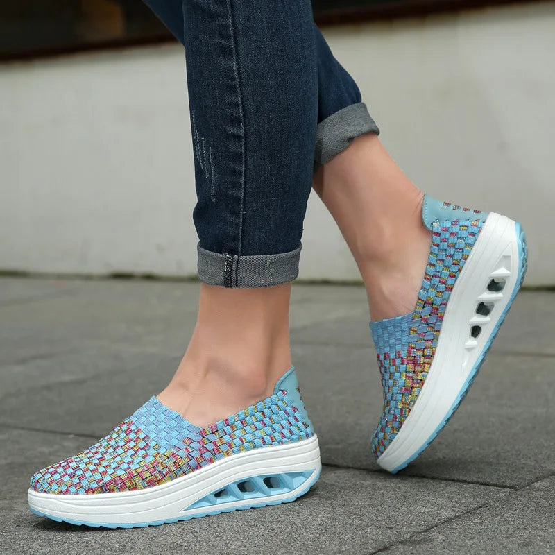 Zapatos De Mujer Sneakers Women's Mixed Color Woven Wedge Rocking Shoes Lightweight Non-slip Breathable Loafers Chaussure Femmes