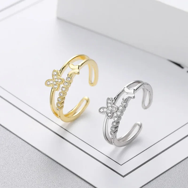 Exquisite Zircon Double Opening Butterfly Ring for Woman Fashion Jewelry 2025 New Wedding Party Luxury Accessories Rings Gifts