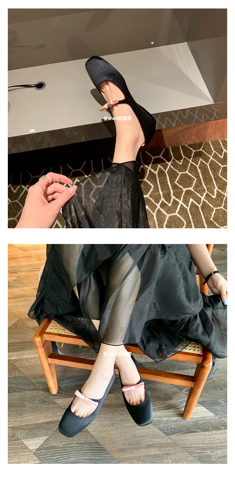 Ballet Falts Shoes for Women Bow Tie Elegant Women's Loafers Shoes with Low Heels Black Leather Mary Janes Desinger Shoes Ladies