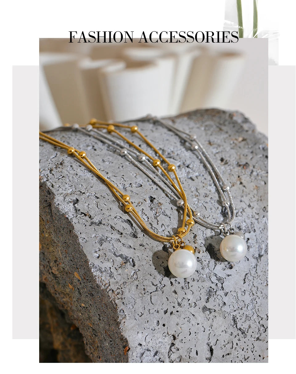 Yhpup Elegant Imitation Pearls Stainless Steel Round Beads Chain Pendant Necklace for Women Gold Silver Color Korean Jewelry