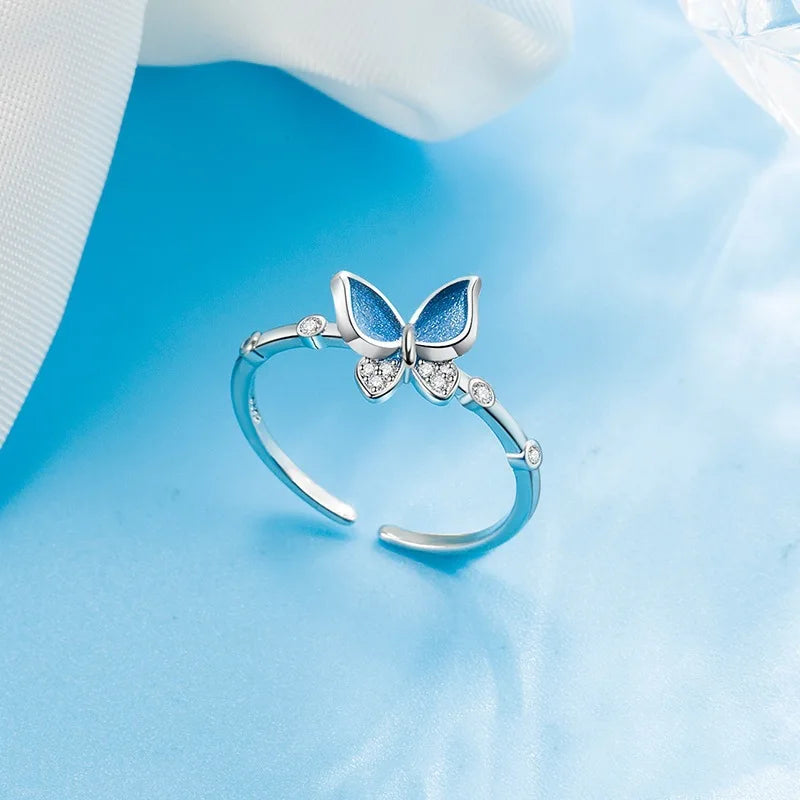 GaaBou Schmuck Schmetterling Ring - 925 Silber Blau Zirkon