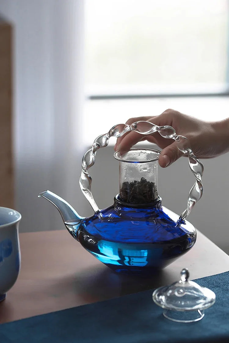 Blue Glass Teapot Teacup Tea Filter Mesh Glass Coffee Pot Heat-resistant Glass Pot Household Kitchen Kettle Exquisite Gift 2022