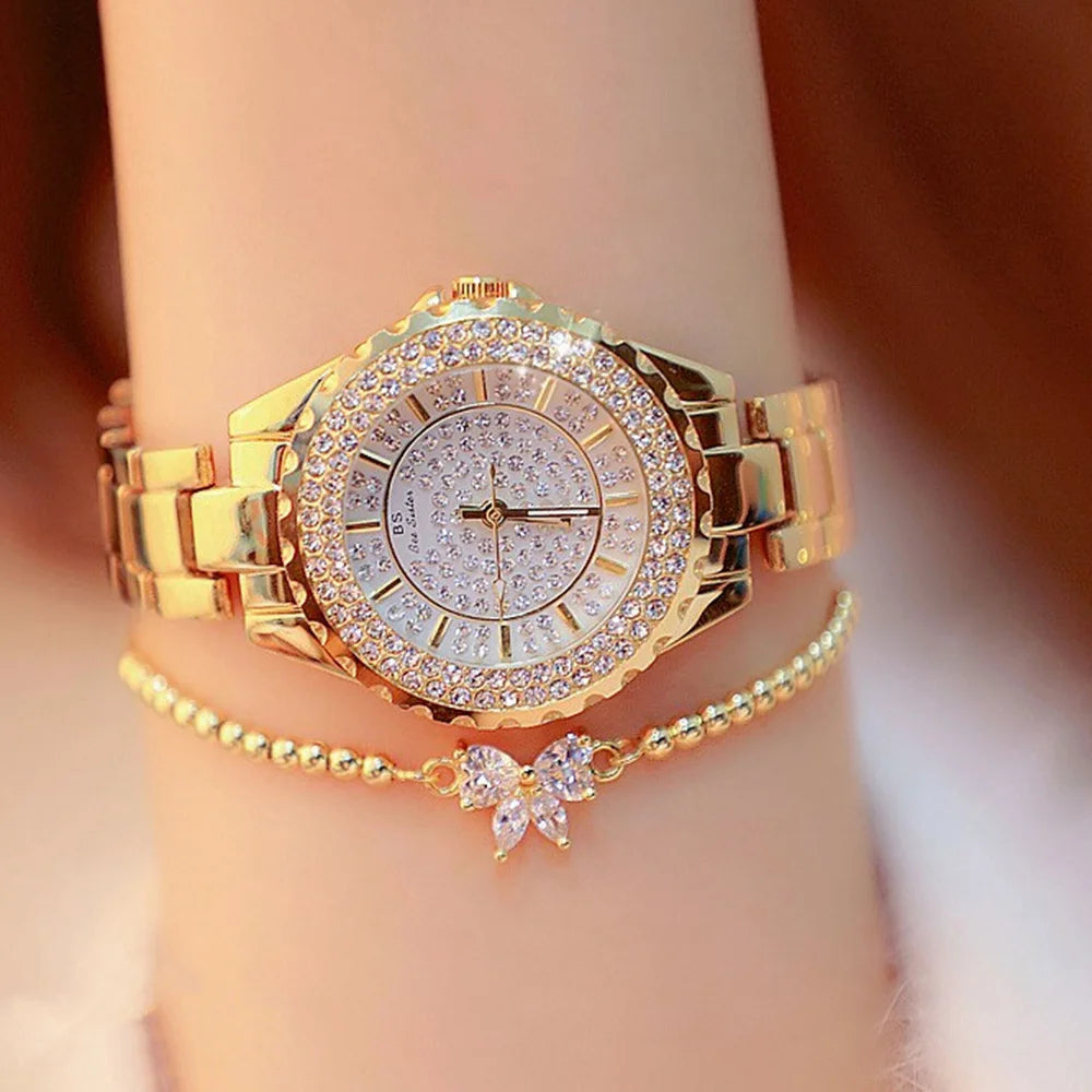 Damen Uhren Gold Uhr - Damen Armbanduhren Luxus Marke Strass - Damen Armband Uhren Weiblich