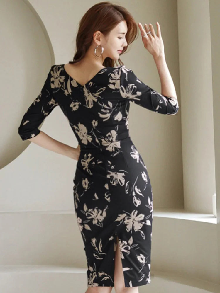 Rochie elegantă de birou pentru femei, rochie de primăvară la modă, cu guler pătrat floral, cu mânecă cu șapte puncte, talie înaltă, teacă, rochie de petrecere pentru femei