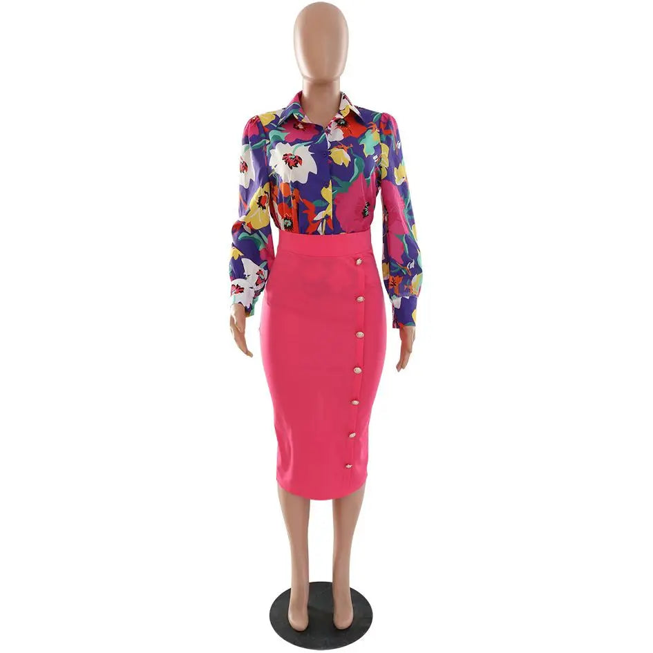 Elegant 2 Piece Set Women OL Outfits Fashion Business Long Sleeve Print Blouse Shirt High Waist Bodycon Skirt Sexy Office Work