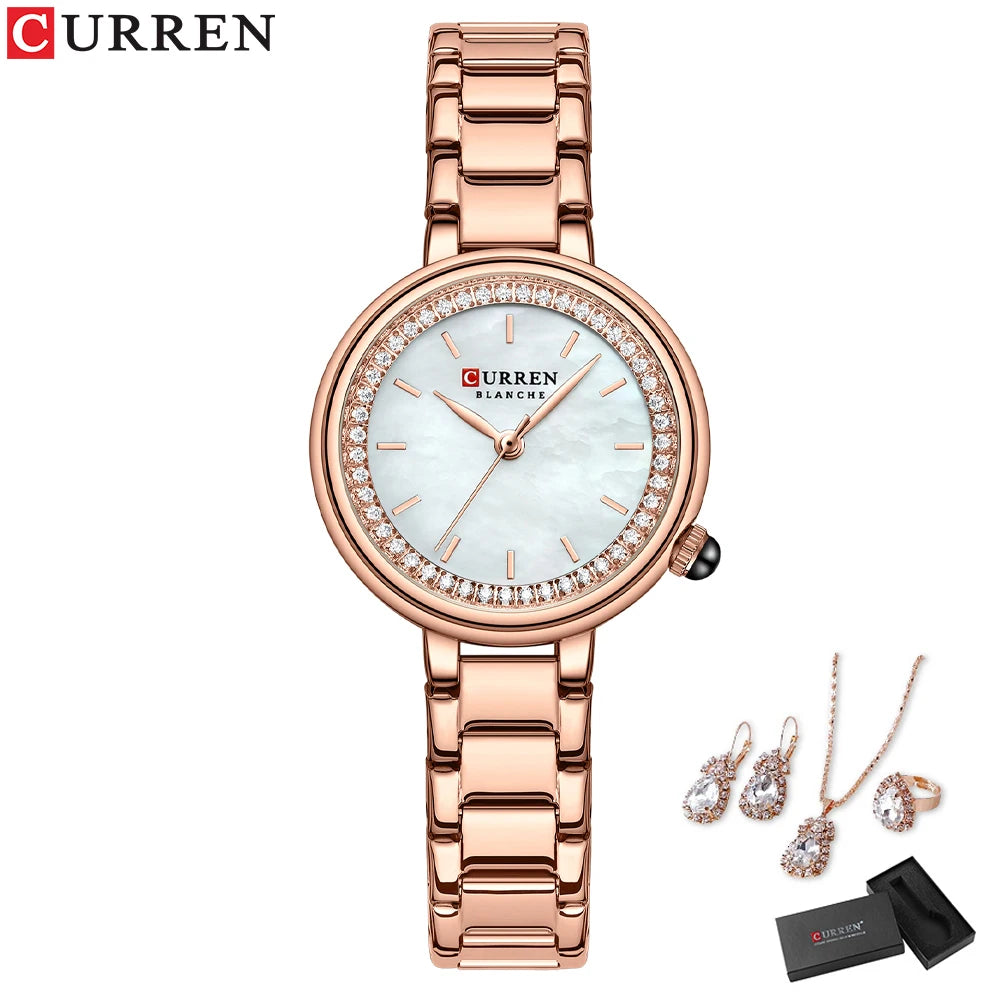 CURREN Luxus Uhr Damen Ring Halskette Ohrringe - Strass Mode Armbanduhr Weiblich Casual Damen Uhren Armband 5-teiliges Set