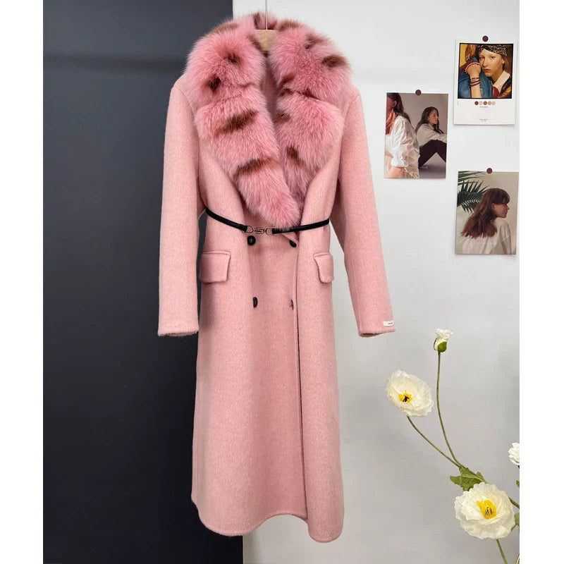 women's luxury wool coat long patchwork design with detachable fox fur