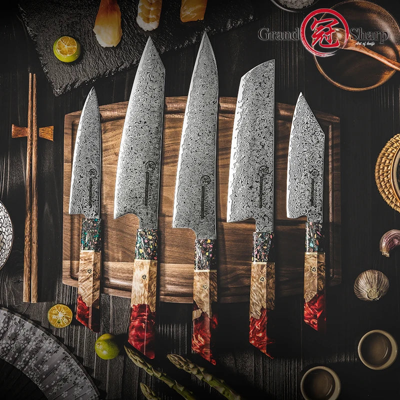 Grandsharp 1-5 Pcs Kitchen Knife Sets 67 Layers Japanese Damascus Knife AUS-10 Steel Chef Utility Knives Sashimi Slicing Cutlery