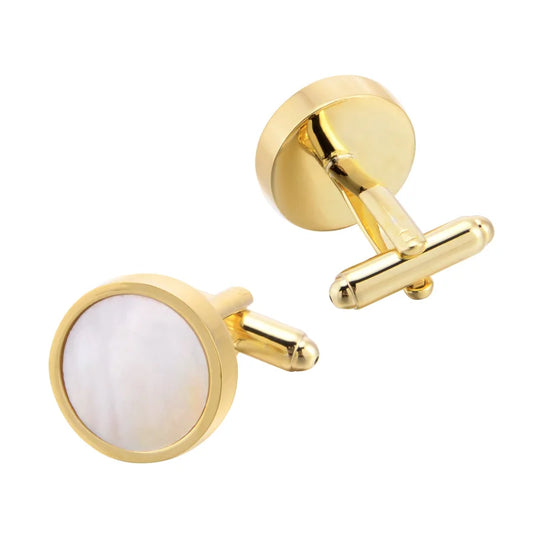 Hot Sale Gold Color Pearl Shell Cufflinks Lepton Stainless Steel Round Cufflink for Mens Wedding Business Cuffl Links Gemelos