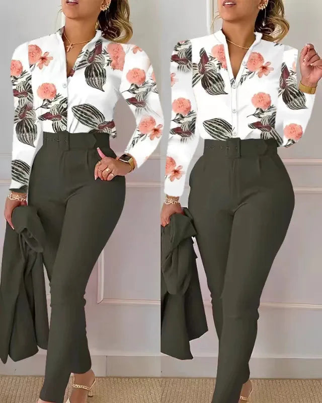 Femei elegante cămașă două piese set costume toamna nouă modă imprimare mânecă lungă top pantaloni negri set cu curea bluze îmbrăcăminte feminină