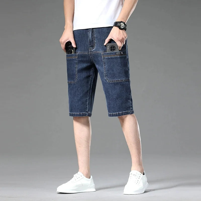 Jeans men's pants Korean version trendy jeans slim fit fashion shorts trendy breathable spring/summer multi bag work clothes cro