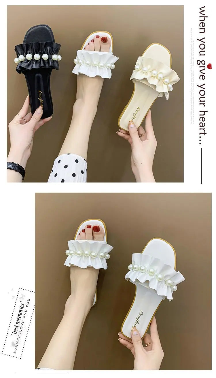 Women Slides Faux Pearl Decor Ruffle Trim Sandals Open Toe Wear-resistant Flat Slippers Summer Sandy Beach Sandals Women Shoes