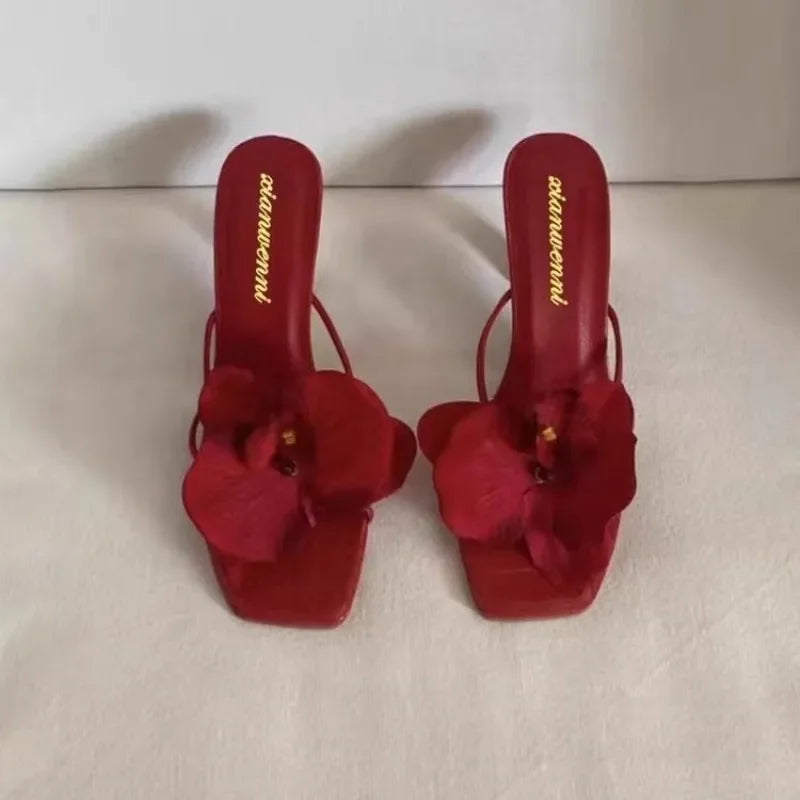 Brand Shoes Female 2025 Summer New Elegant Flowers Design Women's Slippers Casual Fashionable Outer Wear High Heel Slides Women