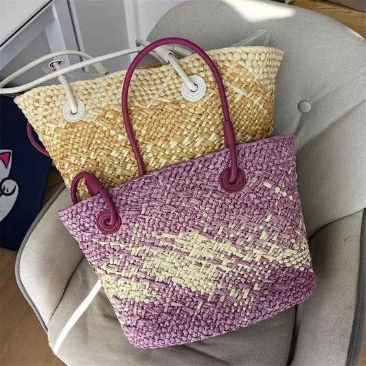 Summer Seaside Beach Bag Hand-woven Large Capacity Straw Tote Bag Gradient Color Design Women 's Travel Vacation Shoulder Bag - Golden Bridge Store