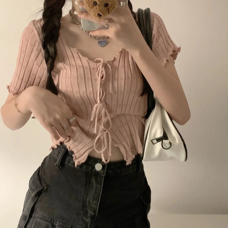 Knitted TShirt For Women V-neck Summer Simple Versatile Casual Crop Tops Bandage Ribbed Short Sleeve Women's Top T-Shirt Girl