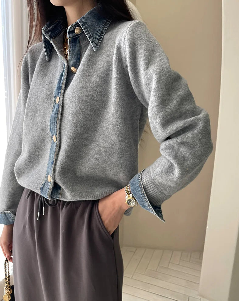 BigLargiCN Strickcardigan Herbst Denim Patchwork Damen Korean Stil - Gewicht 120–220 g/m² Länge Regular Lockere Passform