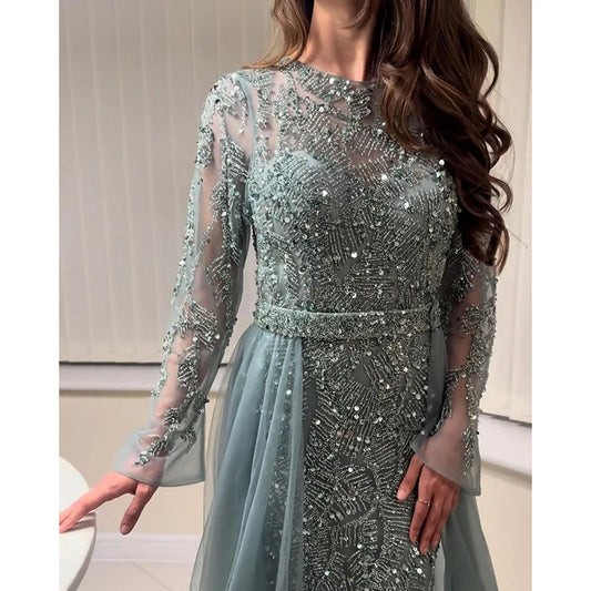 Rochie de seară elegantă pentru femei 2025 musulmană, mâneci lungi, sirenă, trenă detașabilă, mărgele, rochie de bal formală, nuntă, petrecere, personalizată