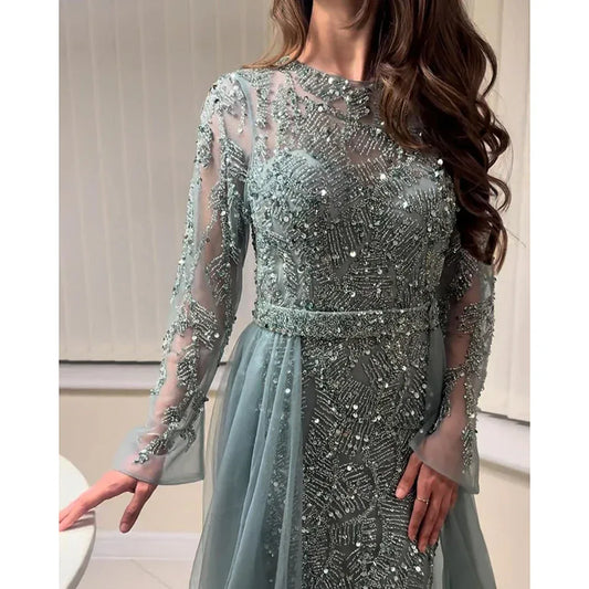 Elegant Evening Dress for Women 2025 Muslim Long Sleeves Mermaid Detachable Train Beads Formal Prom Wedding Party Gown Customizd - Golden Bridge Store