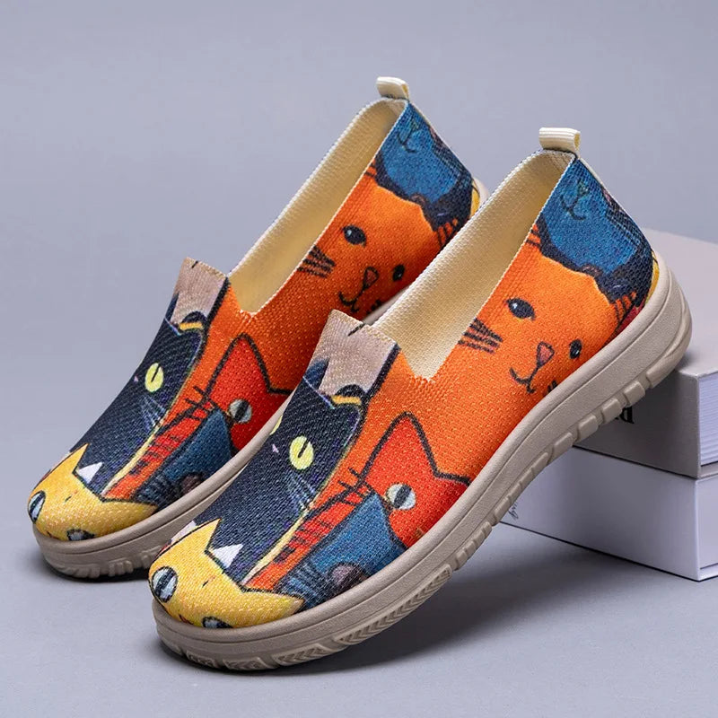 Women's Slip-On Sneakers Cat Print Spring Casual Shoes Plus Size Flat Sole Comfort Color Block Fabric Breathable Lightweight