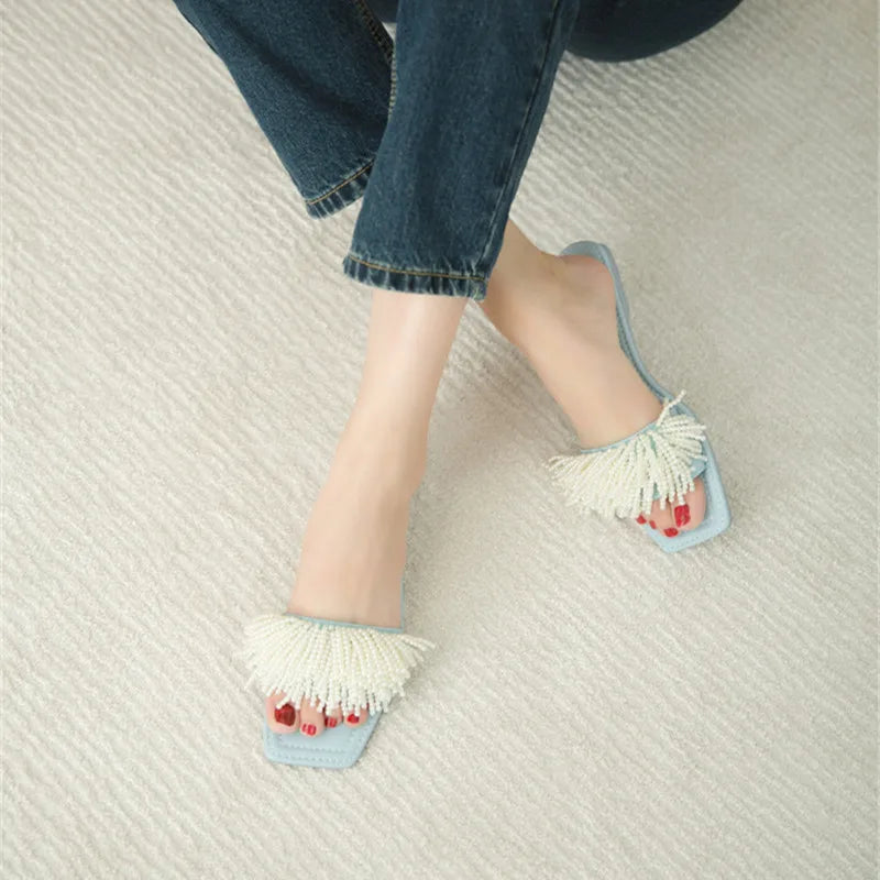 Pearl Beads Women Slippers Blue Flat Shoes Female Summer Outside Slides Ladies Casual Beach Slipper Handmade Gladiator Sandals