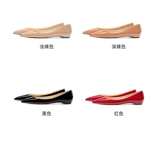 woman 2024 trend luxury women's Leather Shoes for Women Flat Shoes Red Shiny Bottom Elegant Pointed Toe Boat Shoes - Golden Bridge Store