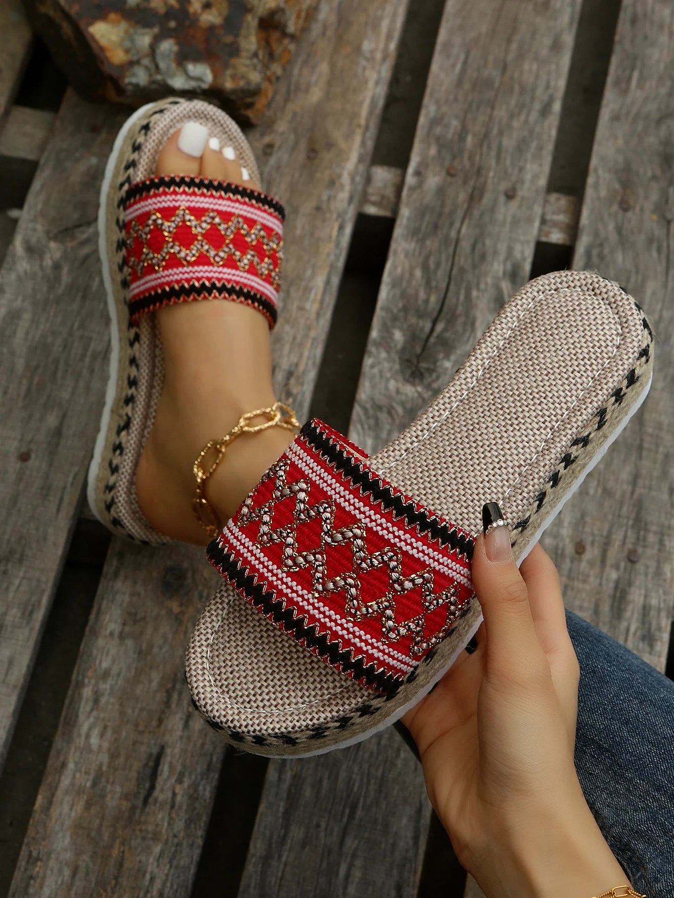 Gewebte Damen Pantoletten Platform - Sommer Schuhe für Damen 2025 Neu - Strand Casual Absatz Sandalen Bohemian Handgemacht Espadrilles
