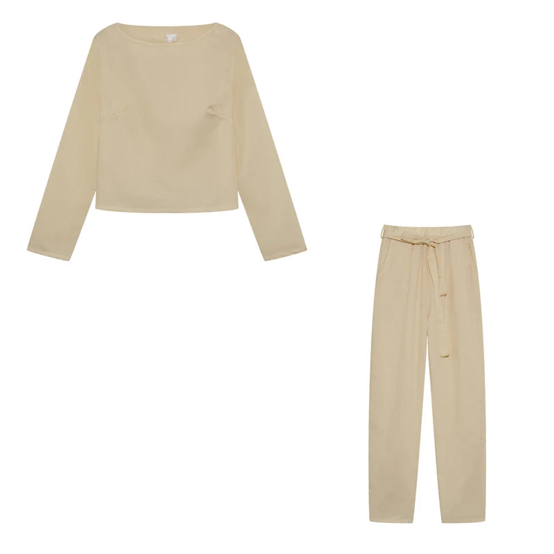 Komplet garniturowy, jednolity kolor, bluzka i spodnie, okrągły dekolt – poliester, rozmiar L