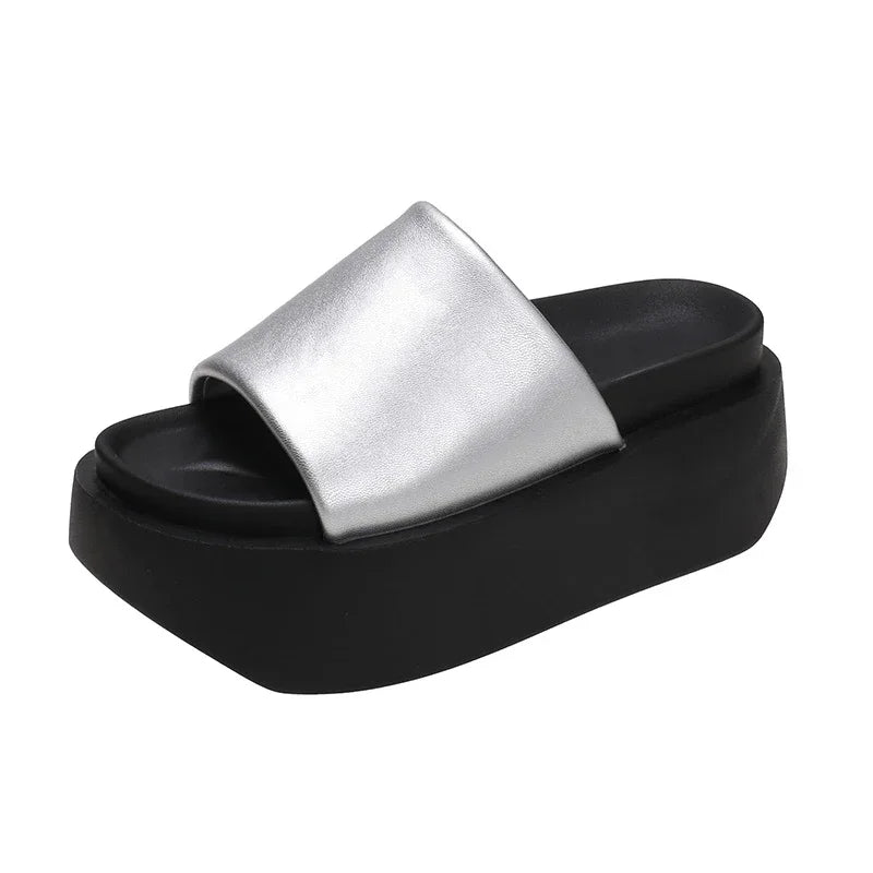Summer Women Slippers Ladies Beach Flip-Flops Chunky Leather Shoes Wedges Heels Outside Sandals Woman High Platform Slippers 8CM