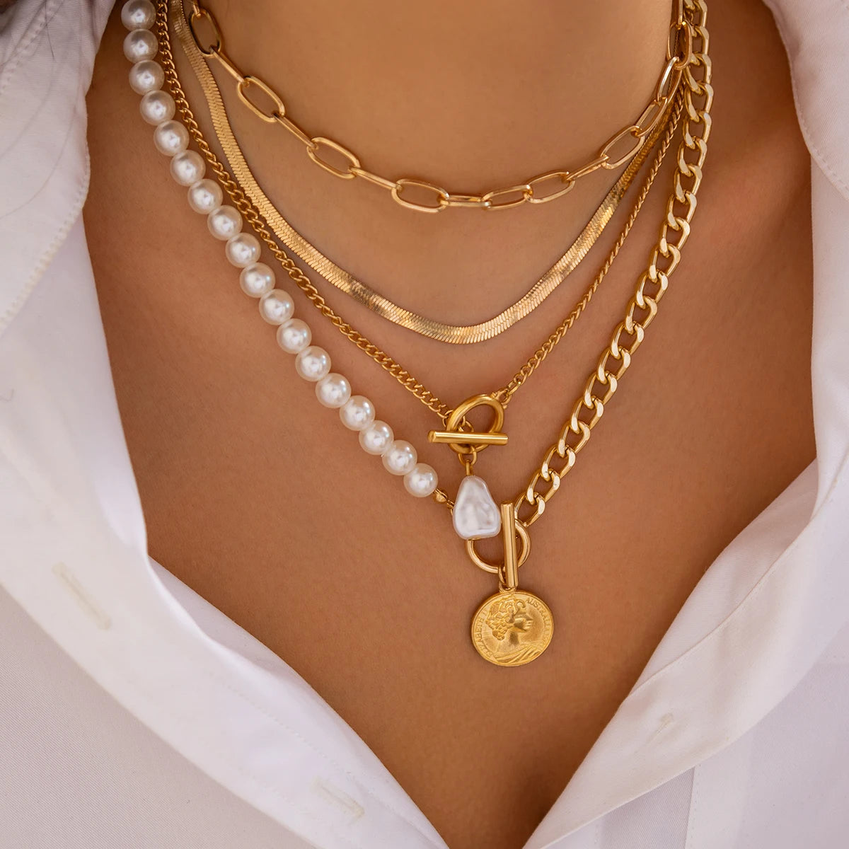 IngeSight.Z Fashion Exquisite Baroque Imitation Pearl Pendant Women's Necklace Multilayer Link Flat Snake Chain Choker Jewelry