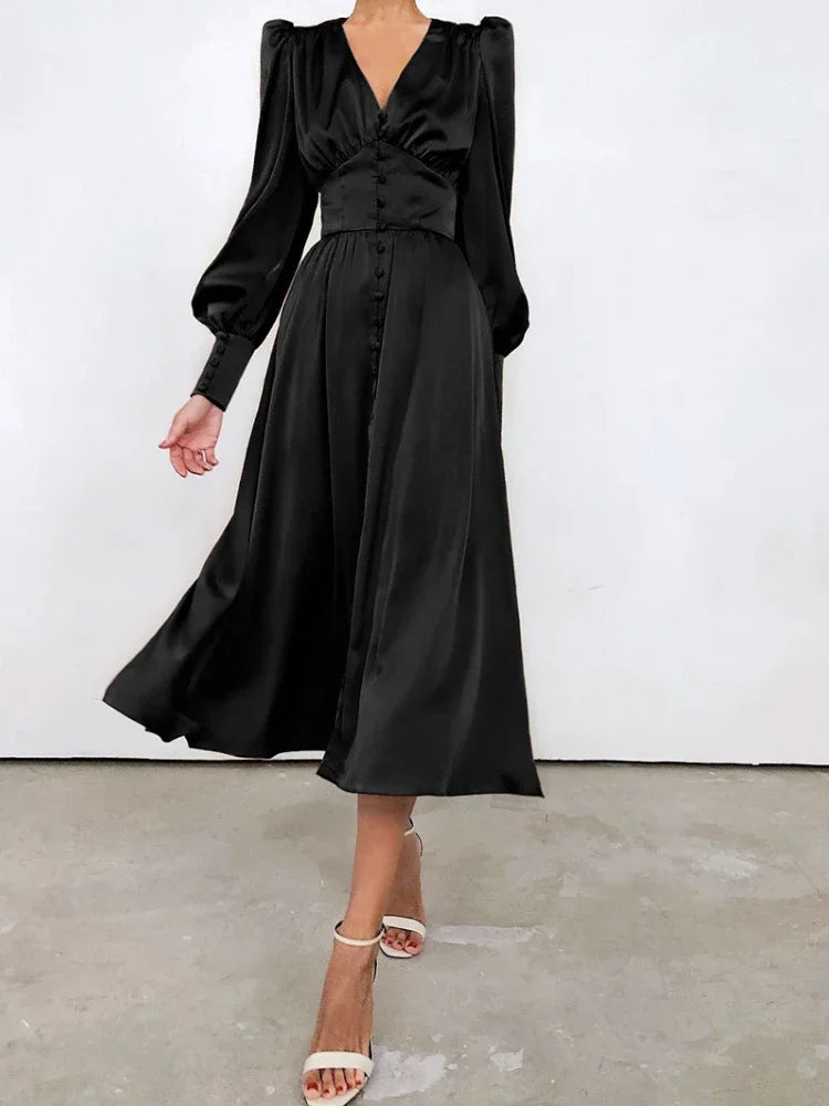 Elegante Mode Einreihig High Waist Satin Kleid - Midi Gr M