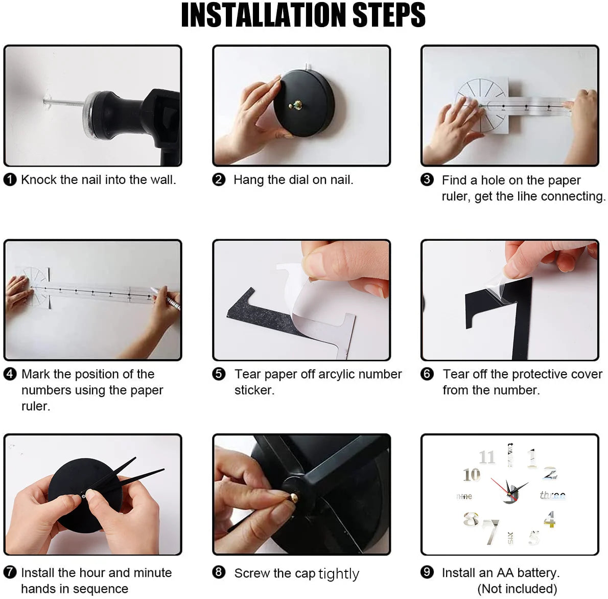 Combination 3D Spiegeluhr - Groß Selbstklebend Rahmenlos