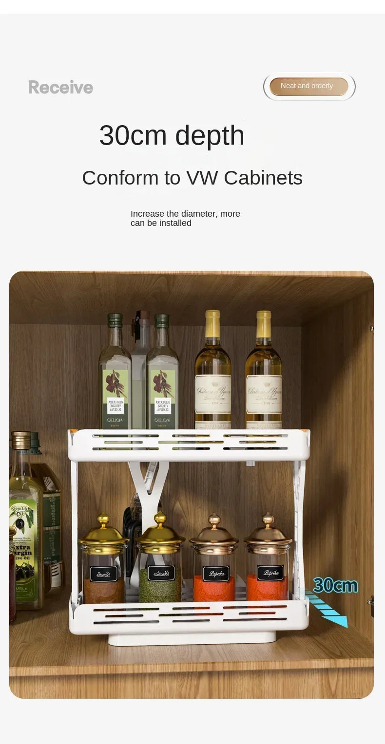 Kitchen Rotating Spice Rack 2 Tier Plastic Seasoning Spice Detachable Jar Storage Rack Pull Out Kitchen Cabinet Organiser