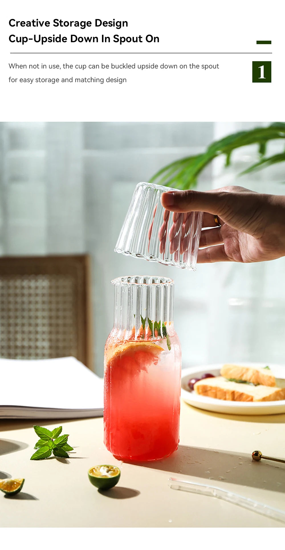 Glass Water Bottle with Glass Cup Set Drinkware Bedside Carafe with Tumbler Glasses Drinking Pitcher for Milk Beverage Tea