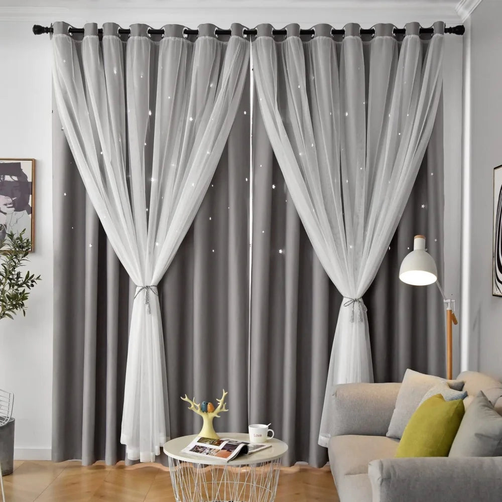 Blackout Curtains for Bedroom Double Layer Star Cutout Cute Curtain Grommet Top Window Curtain Panel for Living Room and Nursery
