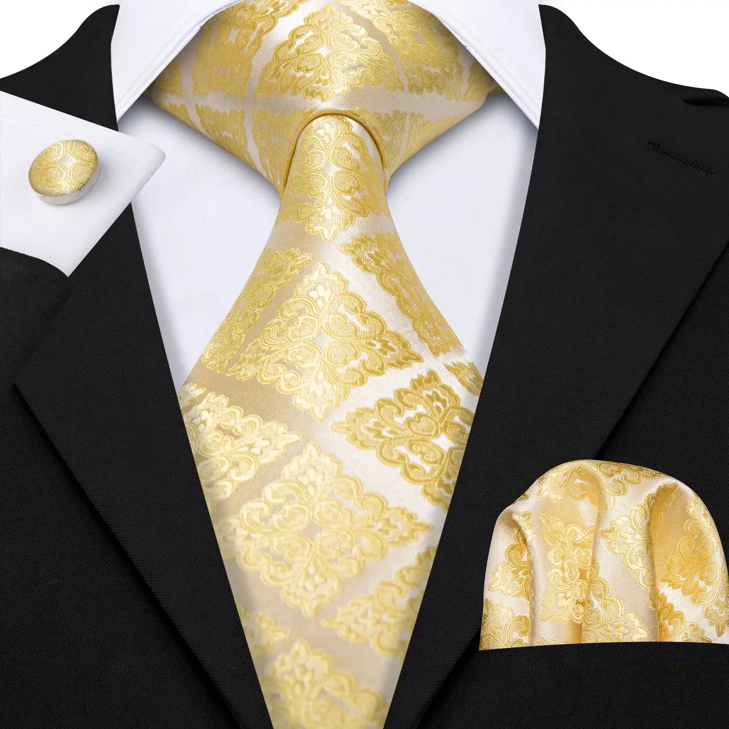 Fashion Silk Men Tie Set Gold Yellow Orange Solid Paisley Striped Plaid Floral Necktie Pocket Square Cufflinks Wedding Business