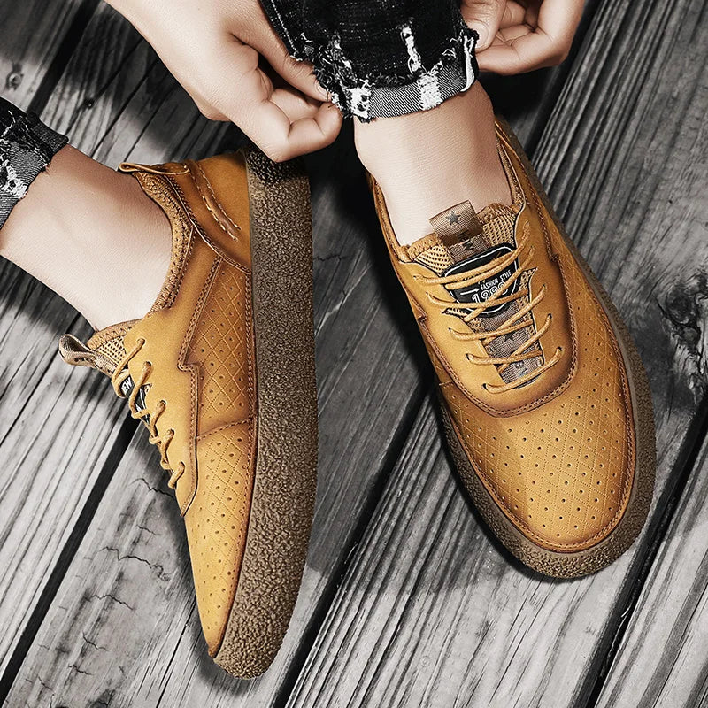 Sneakers for Men Comfortable Classic Outdoor Casual Skate Shoes Male Fashion Non-Slip Genuine Leather Skateboard Shoes Flats