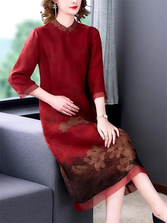 Wedding Dress For Mother 2025 Spring Summer Fashion Vintage Printed Cheongsam Dress Women's Loose Large Size Midi Qipao A675 - Golden Bridge Store