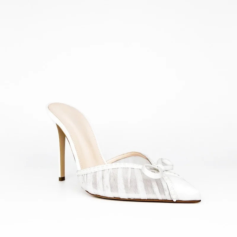 Weiße Schleife Sandalen 2025 - Elegante Pantoletten Stilettos - Slip-On Dünne Hohe Schuhe Damen Offene Zehen Hochzeit