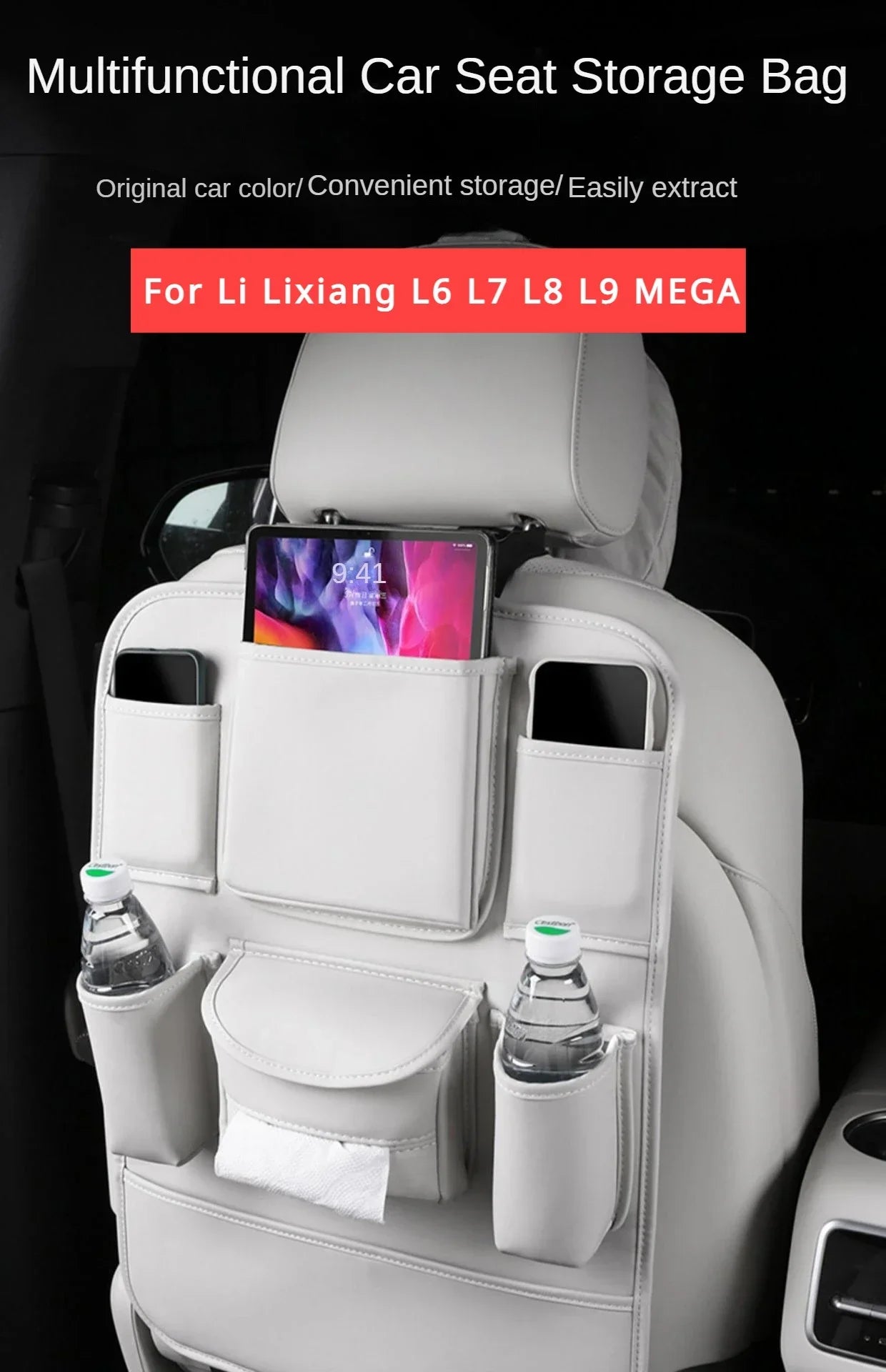 Car Seat Back Storage Bag Large Capacity PU Leather Car Backseat Organizer Storage Bag for Li Lixiang L6 L7 L8 L9 2022 2023 2024