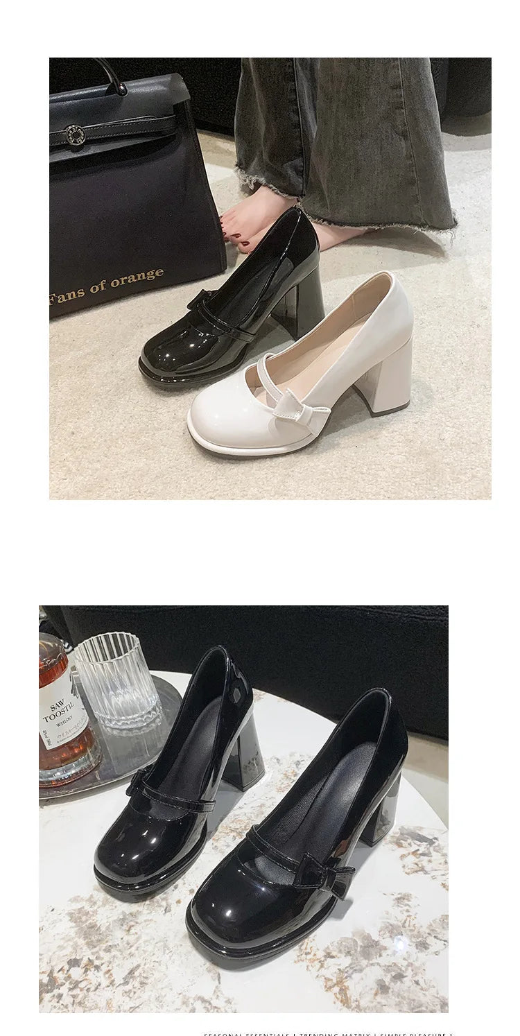 Elegant Heel Shoes Ladies 8cm High Heel Bowknot Solid Mary Jane Zapatos Adult Dress Pink White Black Cosplay Footwear