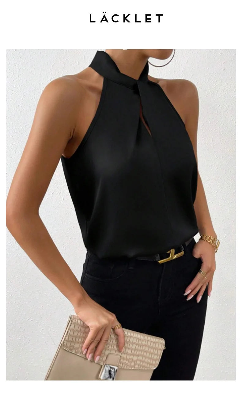 Topuri pentru femei 2025 vară nouă haine europene și americane satin halter vestă fără mâneci elegantă naveta satin simulat mătase top